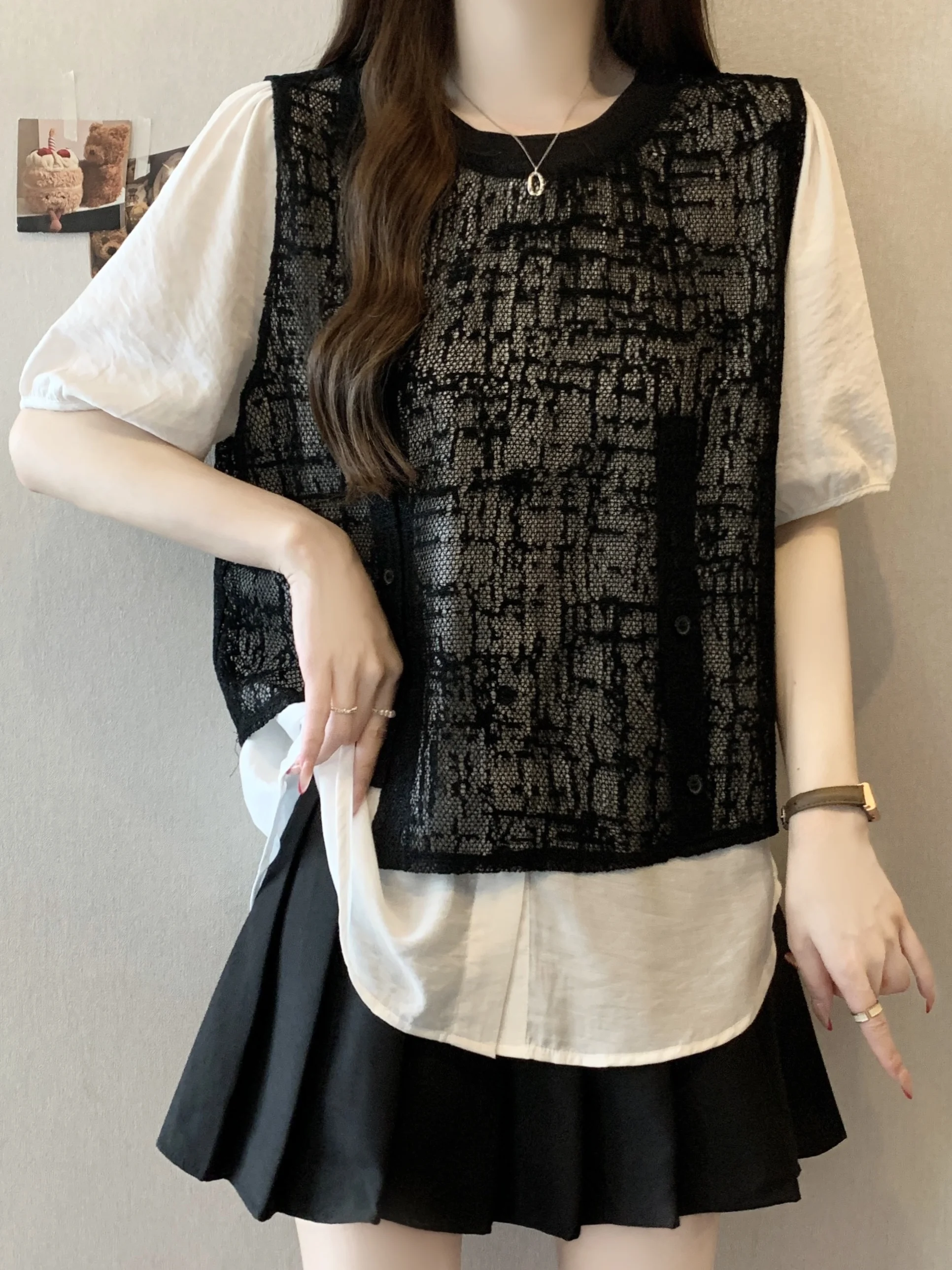 

Loose plus Size Color Block Short Sleeve Shirt Women's Summer Slimming Meat Covering Top Breathable Skin-Friendly Lace Shirt