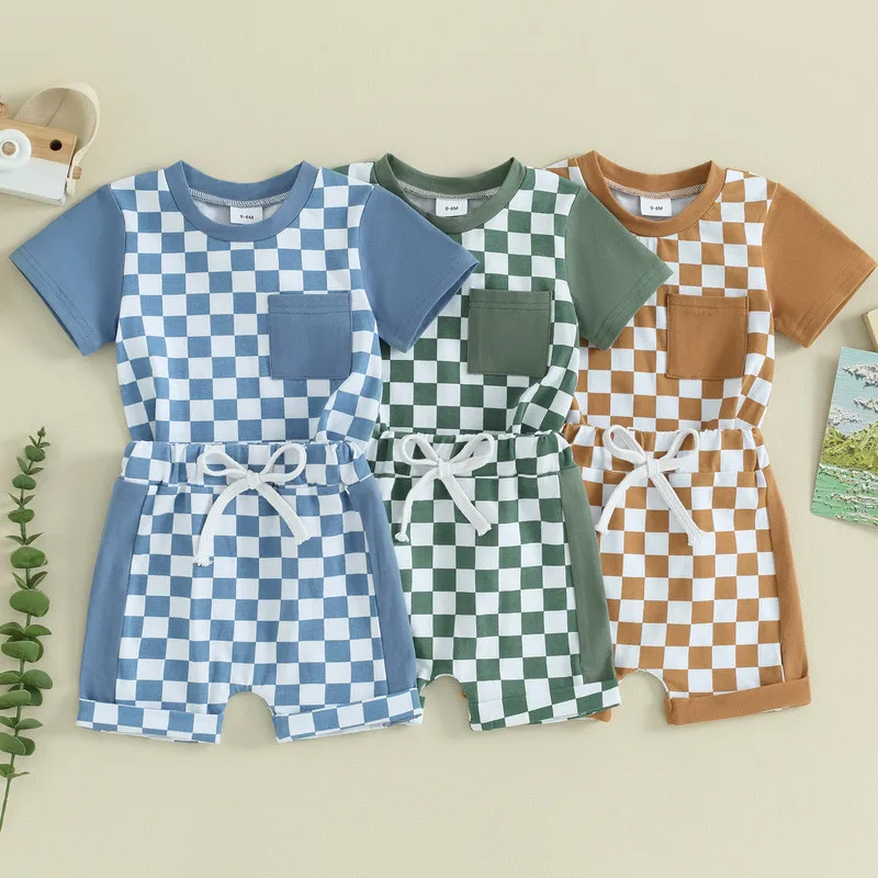 

Newborn Baby Boys Shorts Sets Summer Clothes 2024 Checkerboard Patchwork Short Sleeve T-Shirts Tops and Elastic Waist Shorts