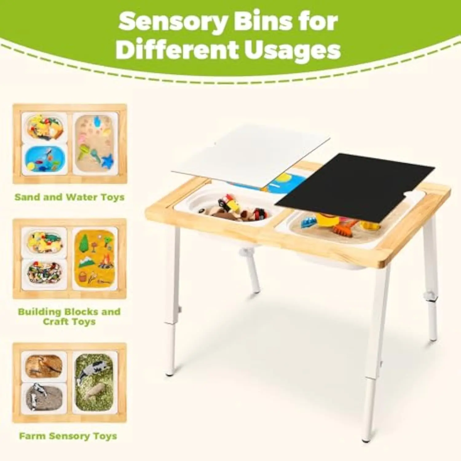 Sensory Table for Toddlers, Kids Table with 3 Bins Writable Lids, Adjustable Height Play Table, Preschool Table for Outdoor In