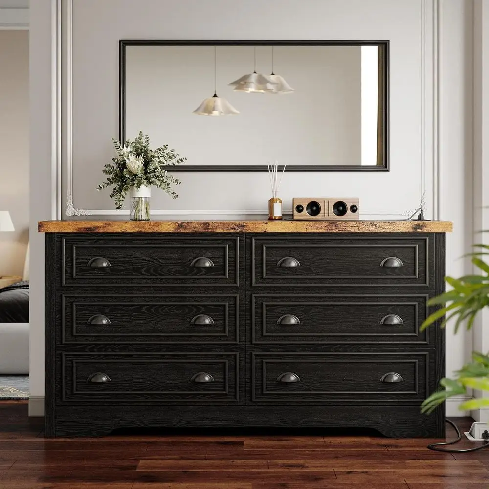 

6-Drawer Bedroom Dresser with Power Strip and Wide Storage Cabinet, Large Wooden Dressers in Black