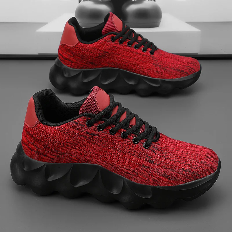 

Knit Men's Red Sneakers Breathable Height Increasing Casual Sneakers Men Comfortable Platform Running Shoes Men Plus Size 39-48