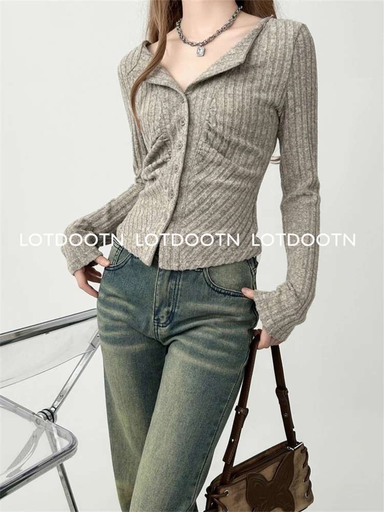 LOTDOOTN Autumn Women Ribbed Buttons Front lapel T-shirt Long Sleeves Korean y2k Style Top Slim Fit Knitted T-Shirt Streetwear