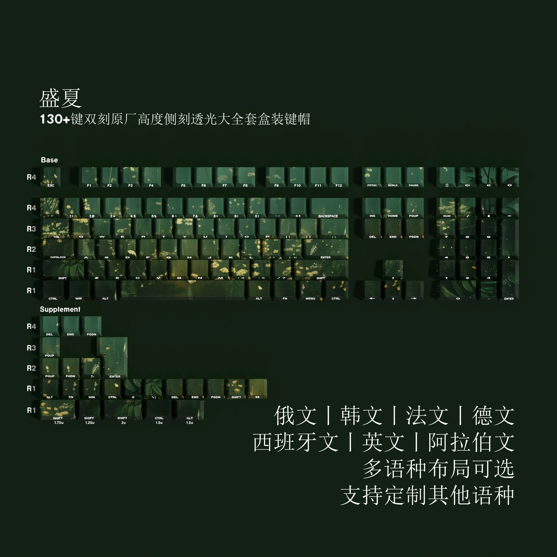 Midsummer double engraving light transmission Pbt original full set of keycaps Korean Russian European small language green magn