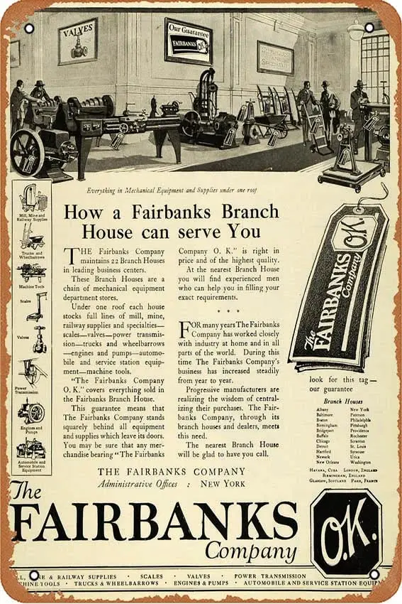 1919 Ad Fairbanks O K Mill Truck Wheelbarrow Scale Engine Pump Industry SCA3 Tin Sign Retro Kitchen Restaurant Bathroom People C