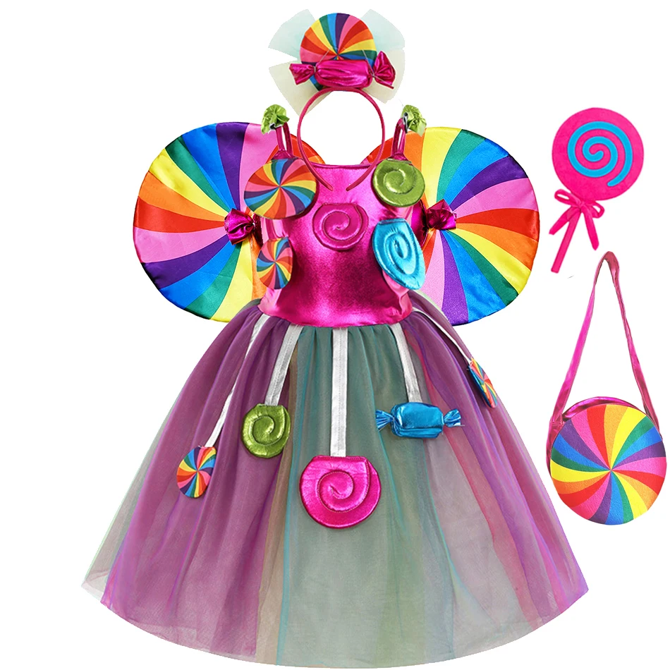 Girls Candy Dress Children Rainbow Lollipop Tulle Tutu Kids Holiday Stage Performace Costume Christmas New Year Princess Frocks