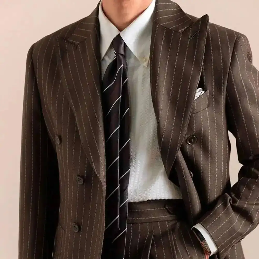 

Double Breasted Formal Stripe Business Suits For Men Luxury Casual Dress Suits 2 Pieces Elegant Costume Homme Men Tuxedo Suit