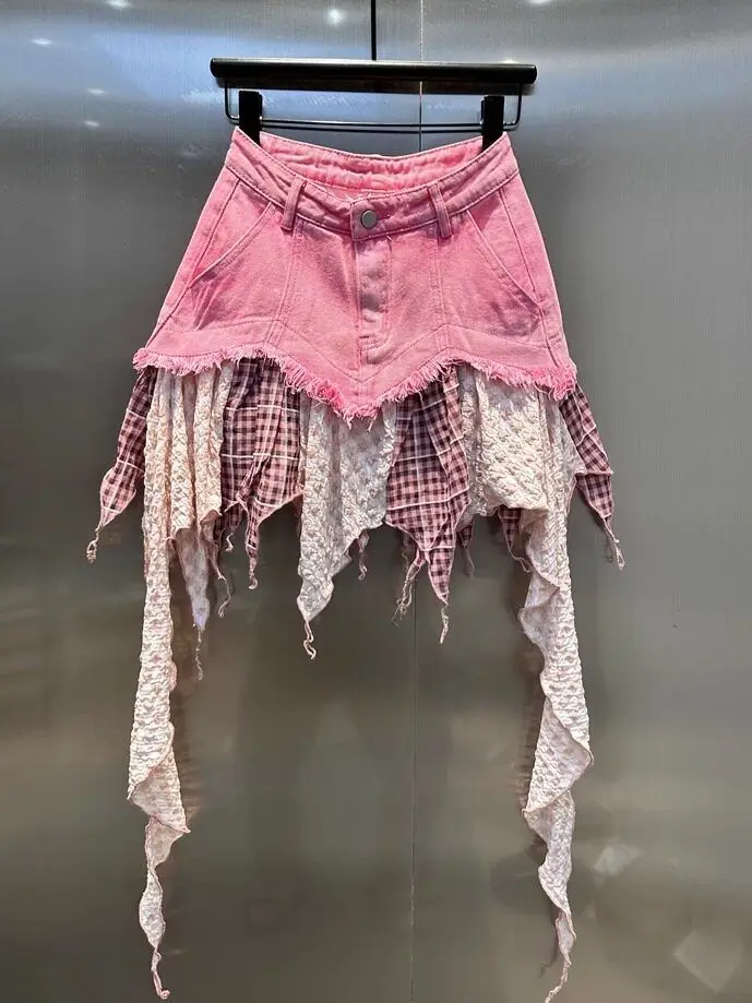 Plaid Spliced Pink Denim Skirt New Skirt for Summer 2026