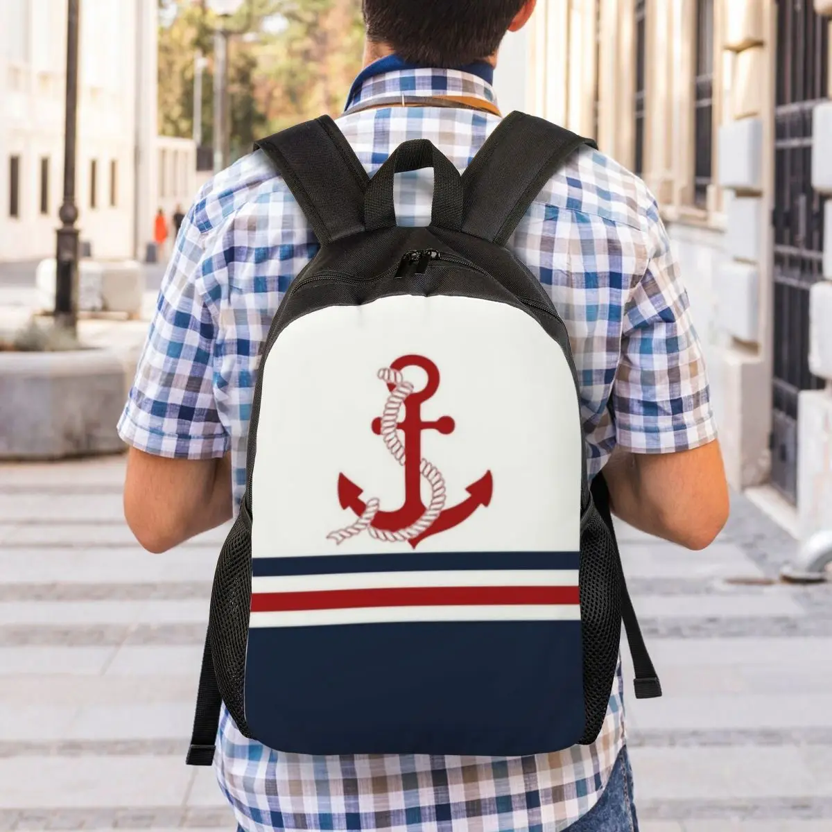 Navy Blue Stripes Nautical Anchor Boat Travel Backpack Men Women School Computer Bookbag College Student Daypack Bags