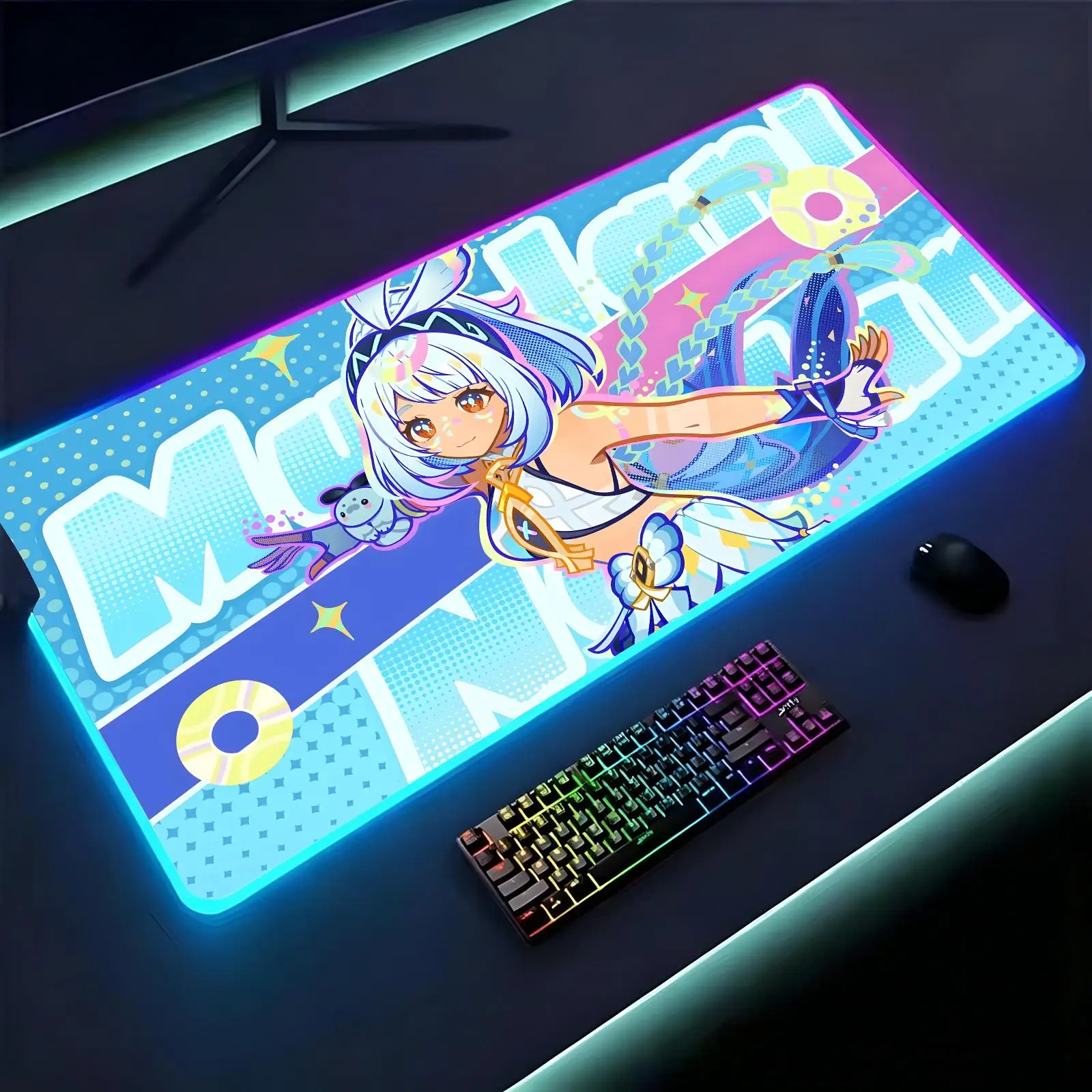 Genshin Impact Mualani Large RGB backlit esports gaming mouse pad, smooth soft cloth surface, LED luminous extended desk mat