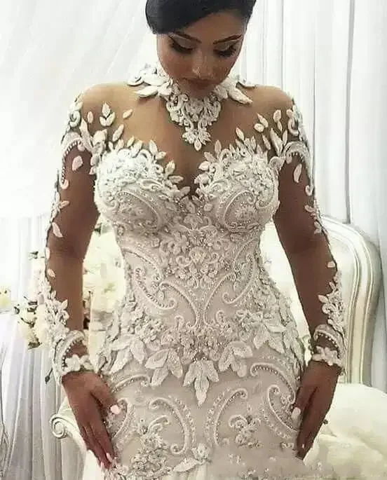 Personalizado strass sereia vestidos de casamento africano feito sob encomenda pura mangas compridas rendas apliques alta pescoço vestidos de noiva colete