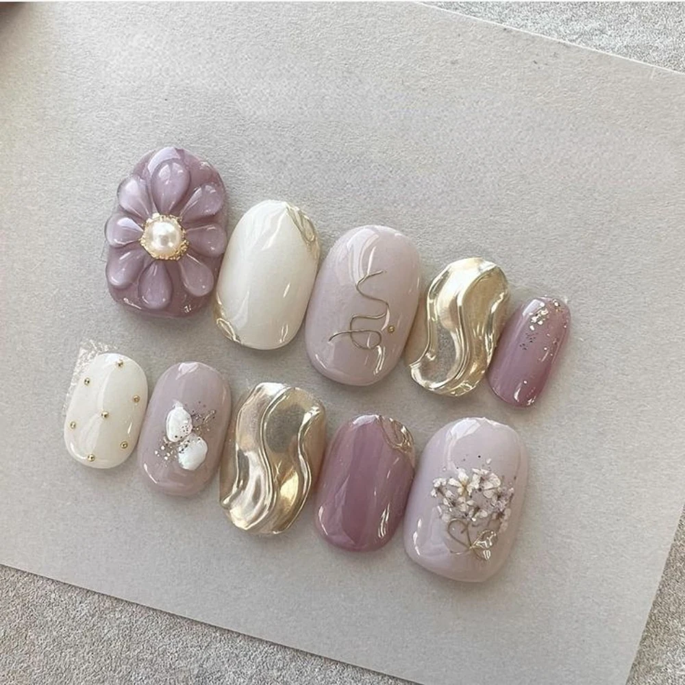 10PCS Handmade Press On Nails Manicure Salon Cute Flowers Pearl Fake Nails Short Oval False Nails Art Nails with Nail File Set