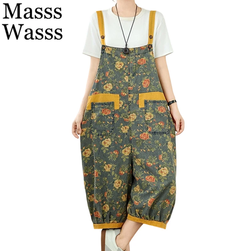 

Masss Wasss 2025 Autumn Ladies Loose Leisure Vintage Printed Denim Overalls Womens Classic Floral Jeans Fashion Wide Leg Pants