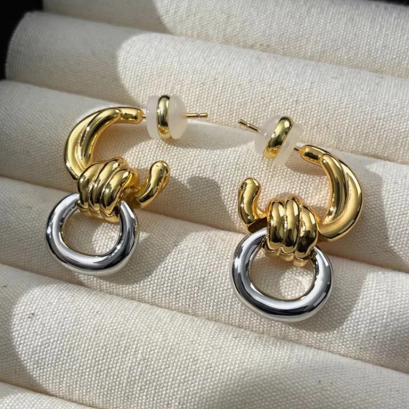 

18K Real Gold-Plated Copper Two-Tone Braided Knot Earrings - Gold & Silver Color-Block Geometric Earrings for Women, High-Qualit