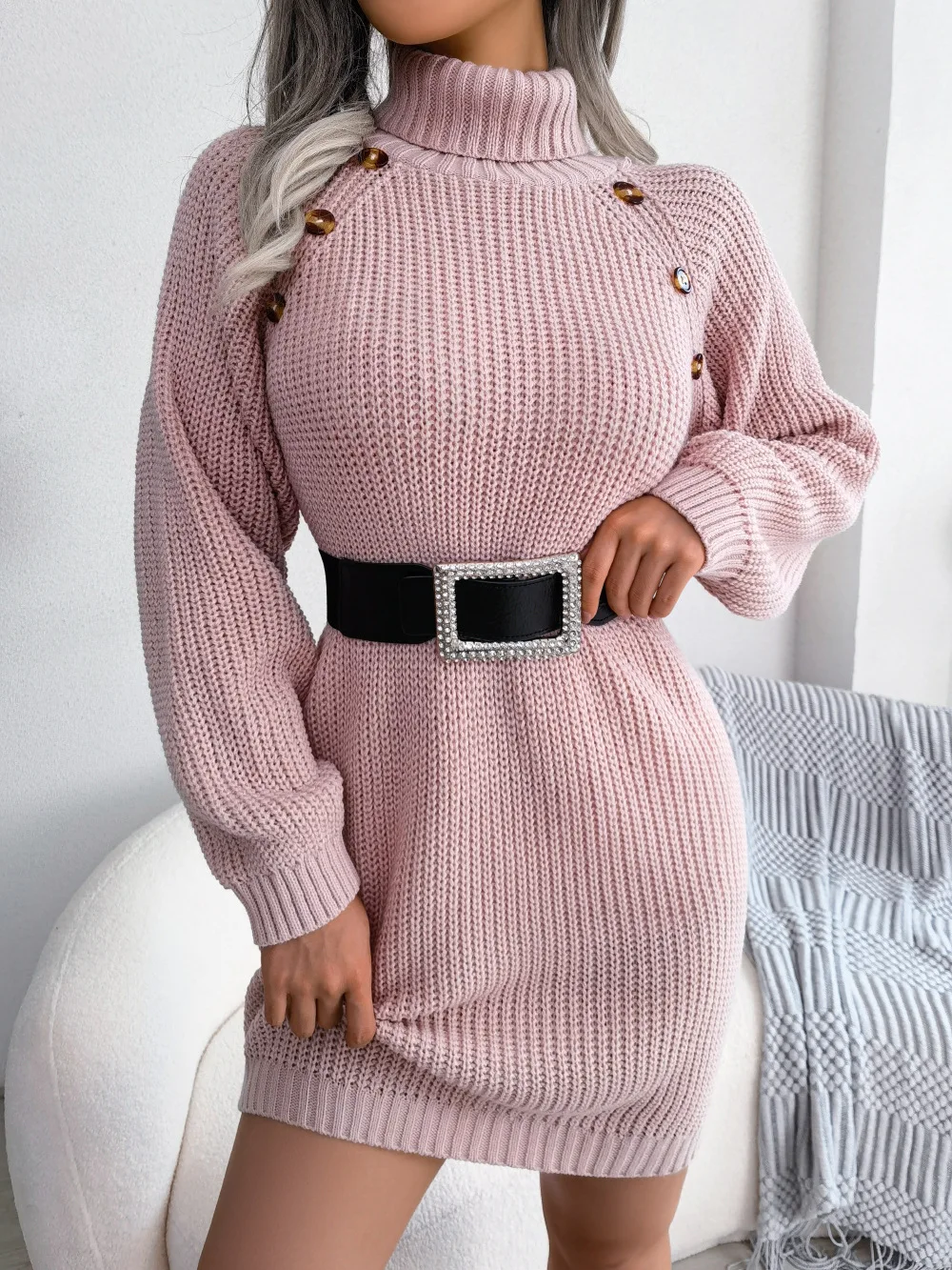 

Casual Knitted Dress Fashion Solid Color High Collar Button Long Sleeved Sweater Dress Autumn Elegant Commuter Women's Clothing