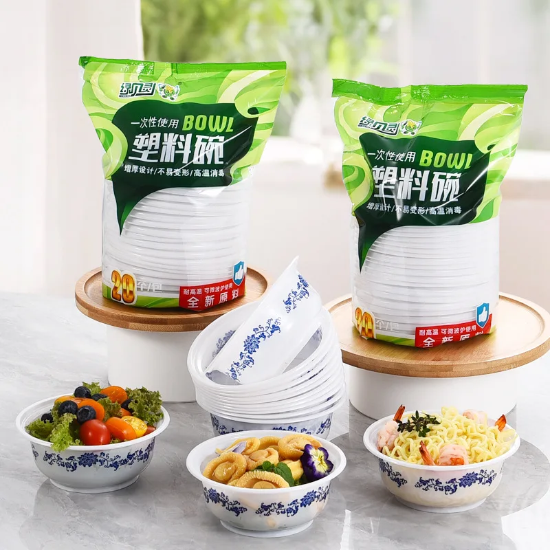 Disposable Blue and White Porcelain Print Plastic Bowls Food Grade Round Thickened Heat Resistant Rice Bowls Wedding Party