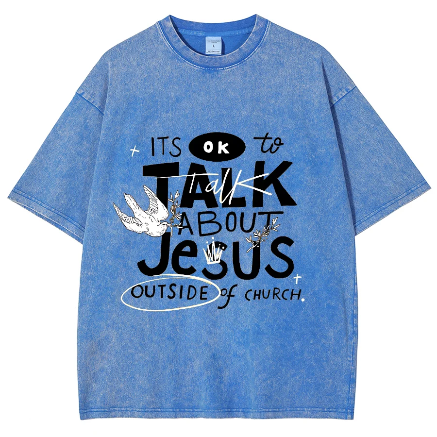 Talk About Jesus Y2K Washed Short Sleeves T-Shirt, Creative Printed Unisex Vintage Streetwear New Fashion Casual Plus Size Tops