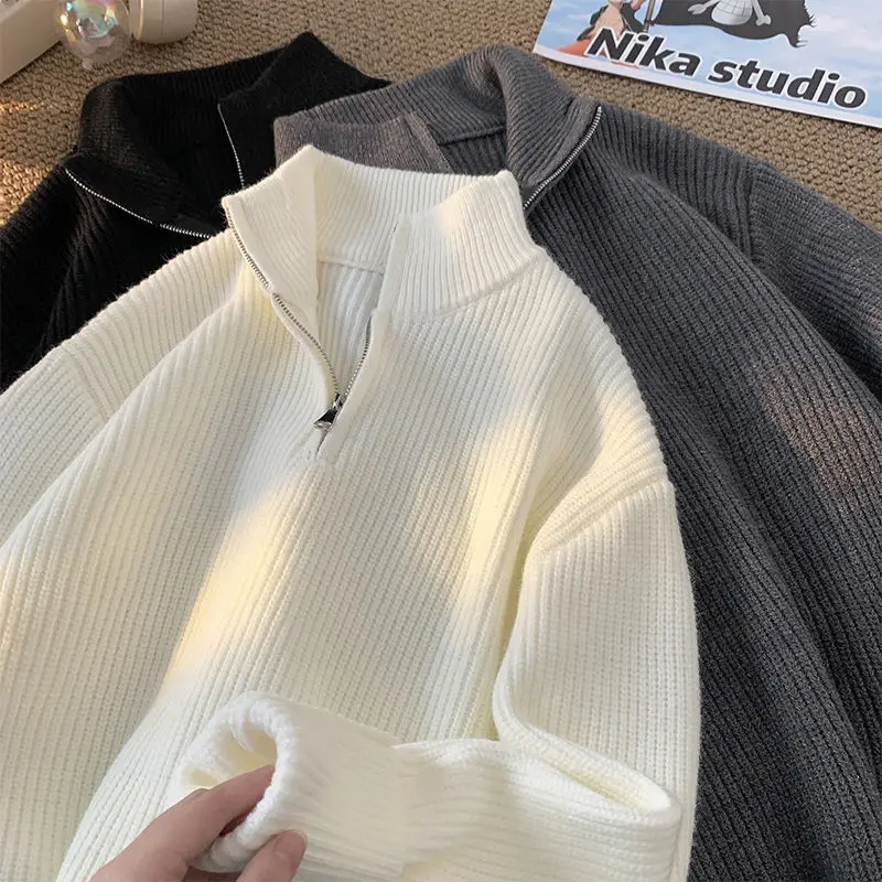 فضفاضة تناسب الرجال الخريف الشتاء f سستة الياقة سترة عارضة الأساسية العصرية لون نقي أعلى ملابس خارجية مريحة البوليستر