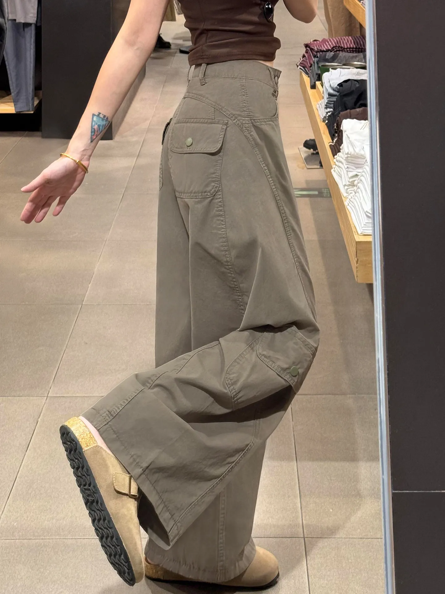 High Waist Wide Leg Jeans Women's plus Size Loose Fit Slimming Floor Length Trousers Military Green Knife  Denim Jeans