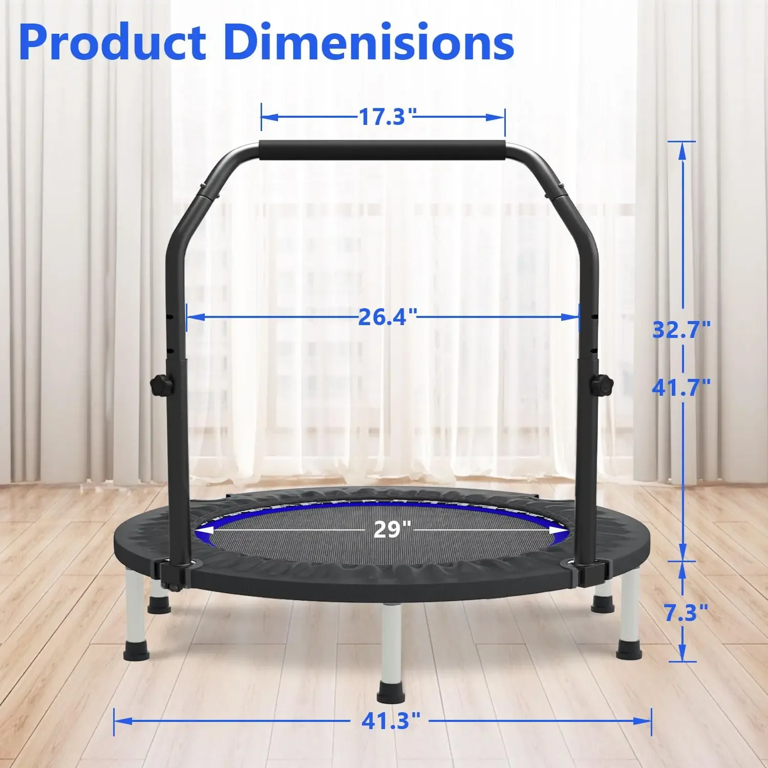 40-48in Mini Trampoline Rebounder, Adjustable Bar For Adults & Kids Indoor Fitness, CustomN20