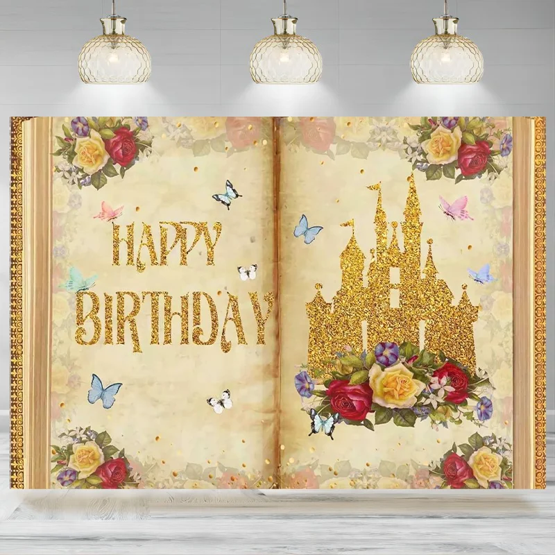 Fairy Tale Books Backdrop Birthday Book Photographic Background Castle Red Roses Birthday wedding Photo Prop Banner