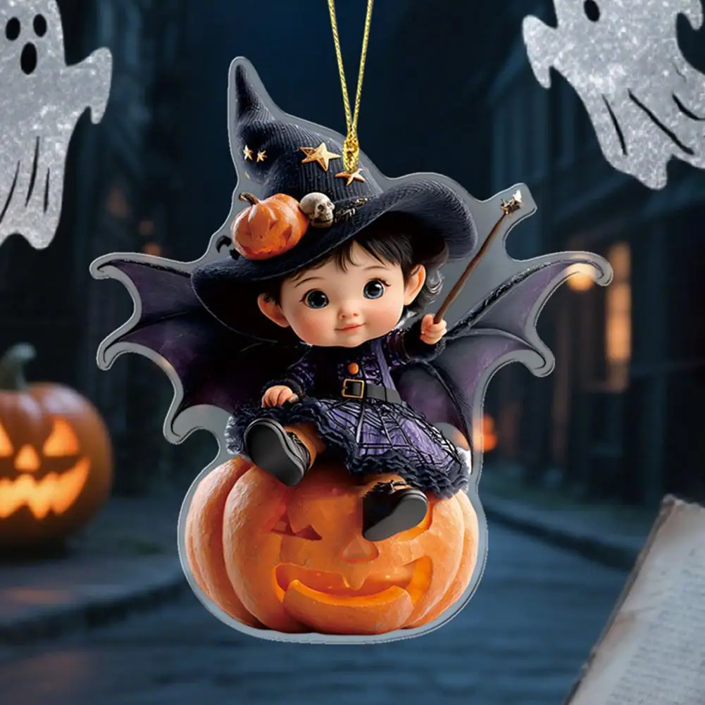 Car Pendant Decoration Fun Car Accessory Halloween Cartoon Witch Cat Car Mirror Hanging Decoration Keychain Set 2d for Rearview