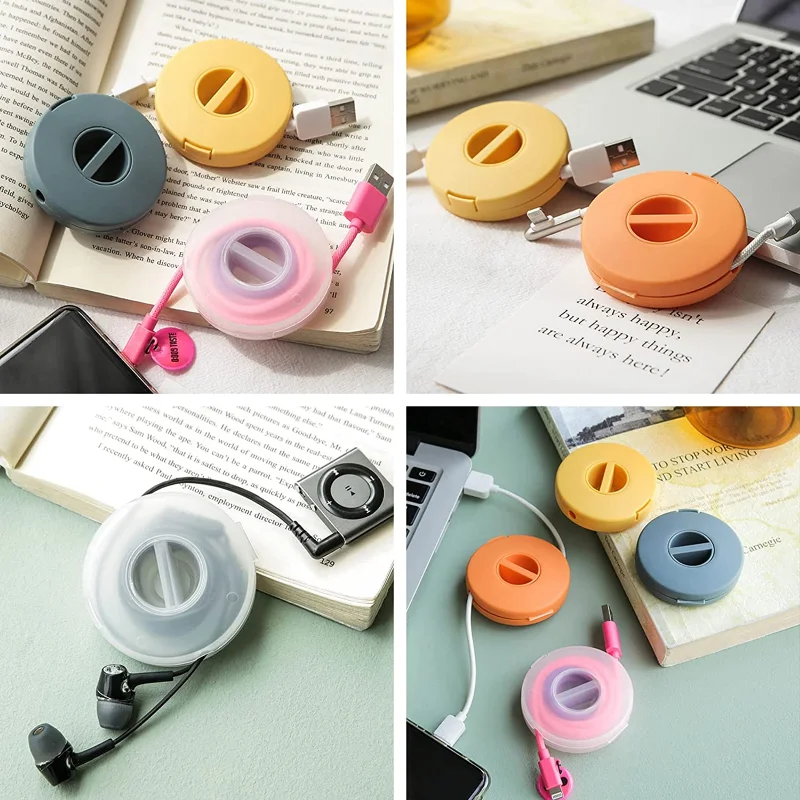 Portable Cable Winder Round Travel Data Cord Organizer Keeper Box Retractable Wire Holder for Wrapping Earphone USB Mouse Cords