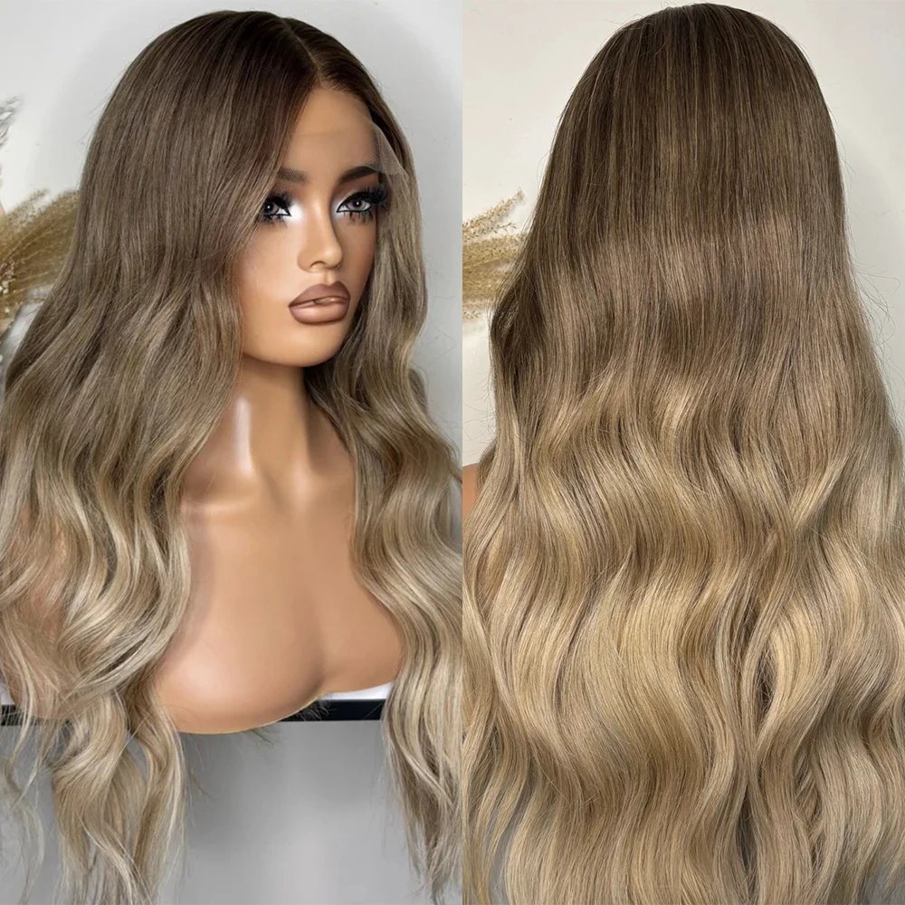 Blonde Highlight Lace Front Wig Long Wavy Ombre Balayage Blonde 13x4 Synthetic Lace Front Wigs for Women 24 Inches Cosplay Party