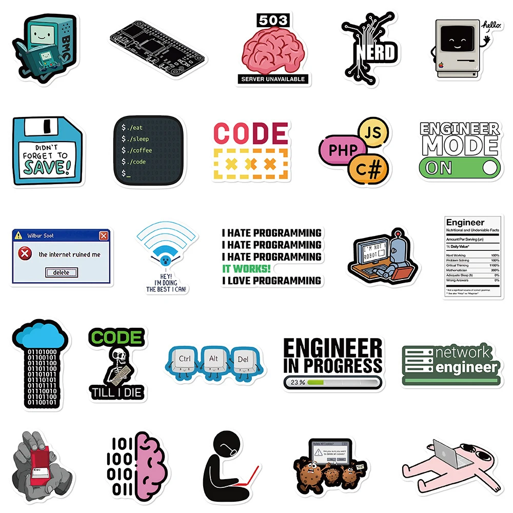 10/30/50pcs Funny Programming Stickers Java Cloud Language Internet Decals DIY Skateboard Luggage Phone Waterproof Sticker Packs