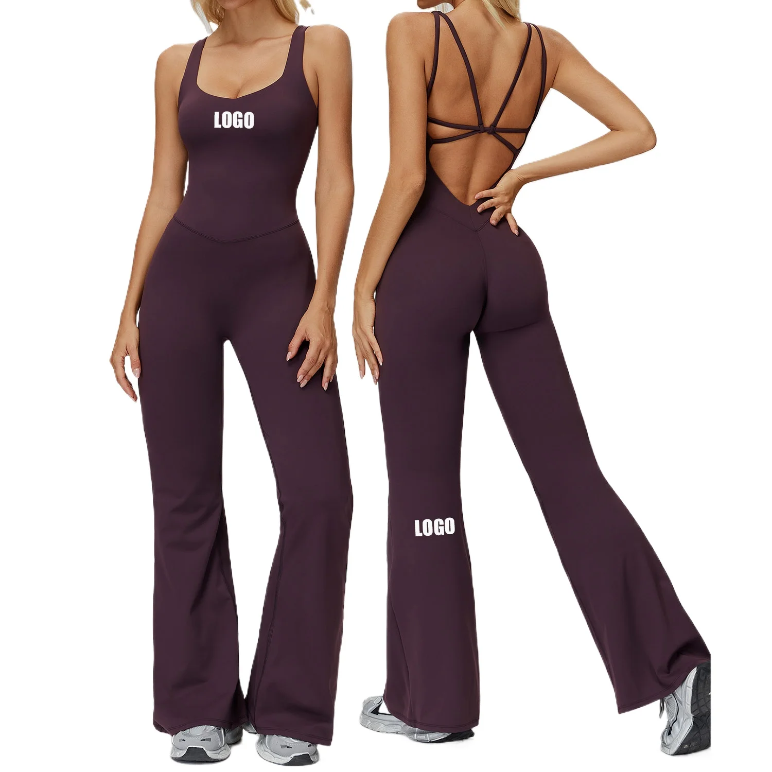 Customized LOGO women's yoga clothes cross beautiful back slightly wide leg onesie running sports fitness clothes