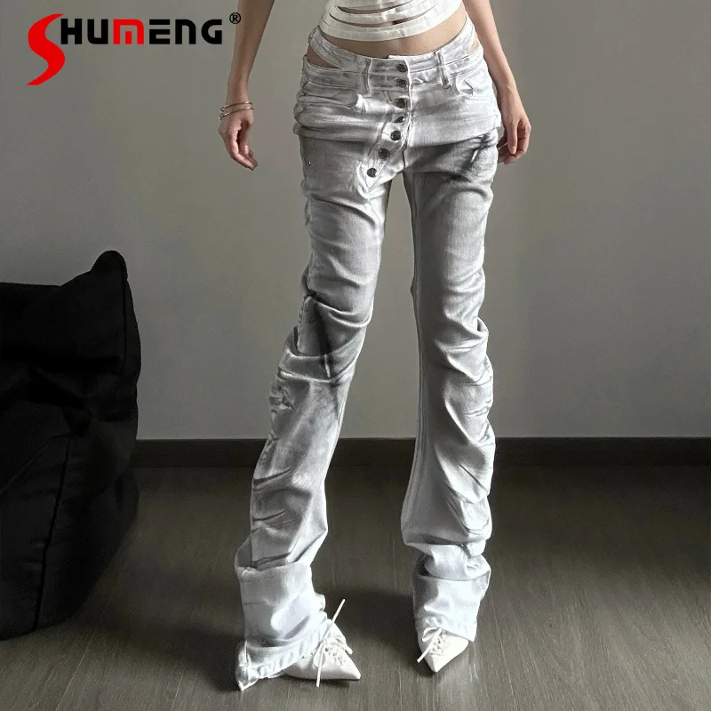 

Women's 2026 Summer New Fashion Button Decoration High Elastic Denim Trousers Stylish Versatile Curved Jeans Unique Denim Pants