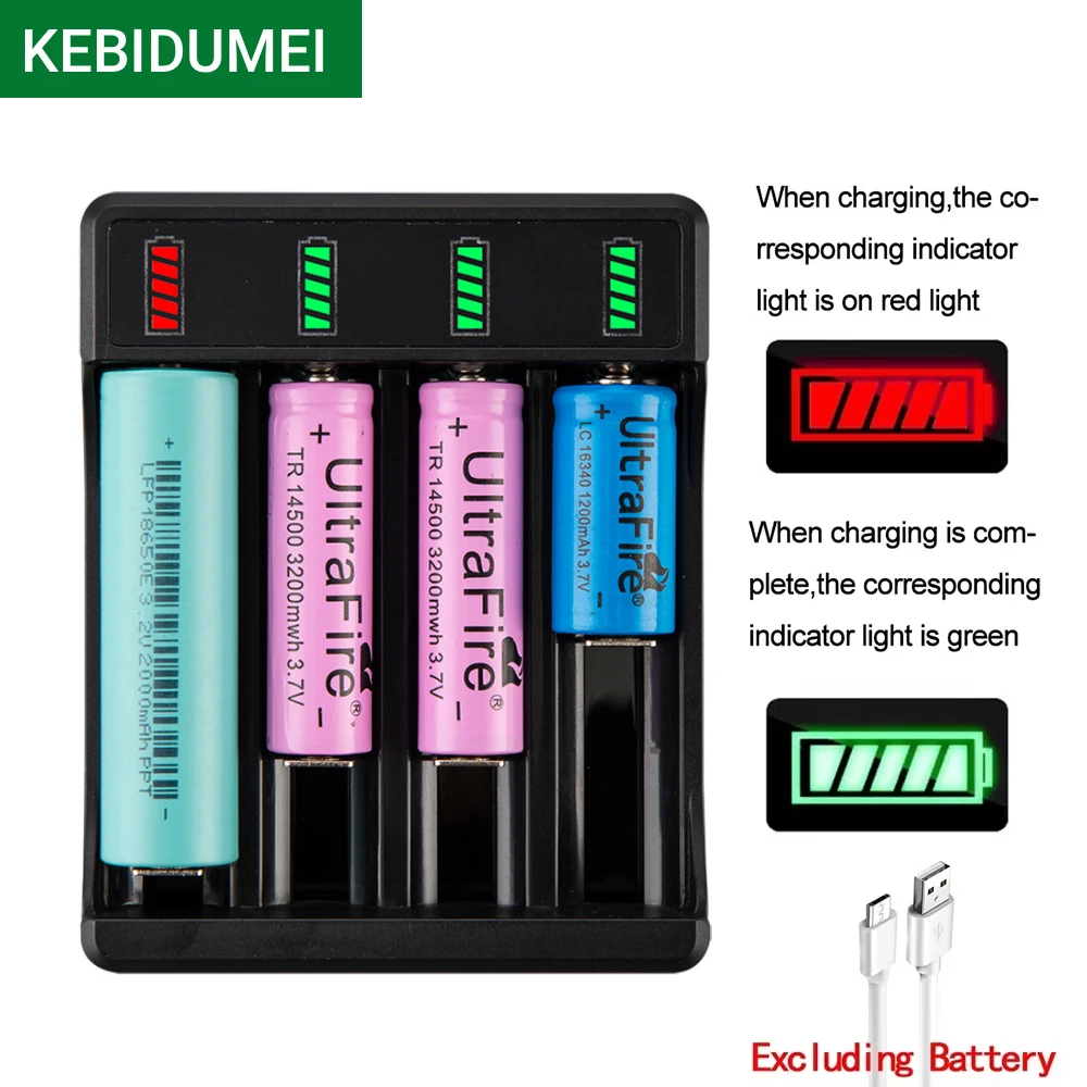 Universelles Batterieladegerät mit LED-Anzeige und Kabel, 3,7V Smart-Ladegerät für wiederaufladbare Lithium-Batterien für 18650, 26650, 14500