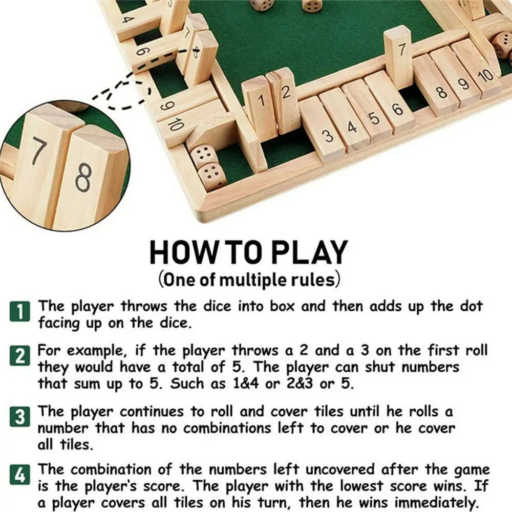 Wooden Dice Board Game Shut The Box for 4 Players Flaps & Dices Game Parent-children Interaction Family Entertainment