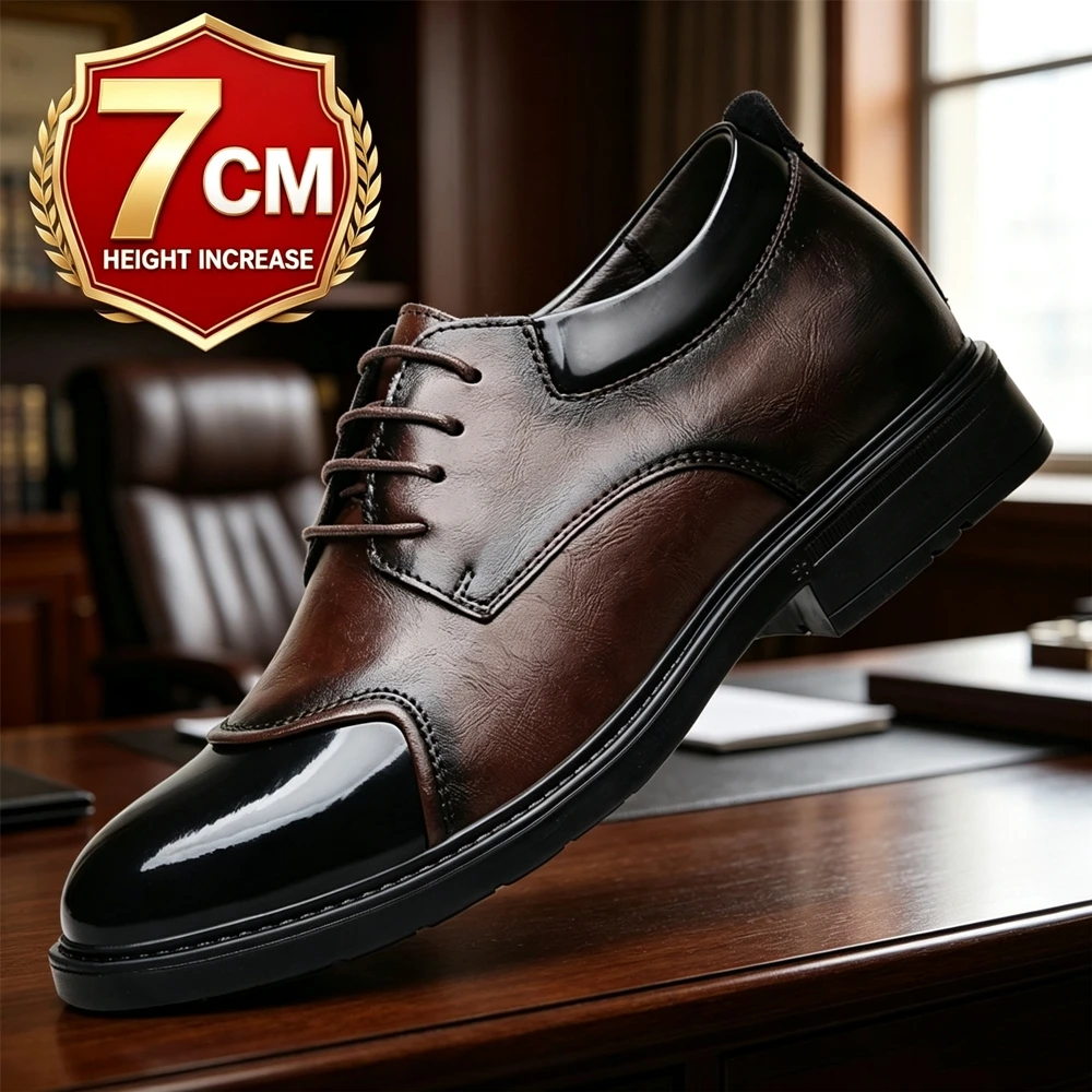 Men 7CM Hidden Height Increase Elevator Shoes Patent Splicing Leather Lace Up Plus Size Business Wedding Party Office Shoes