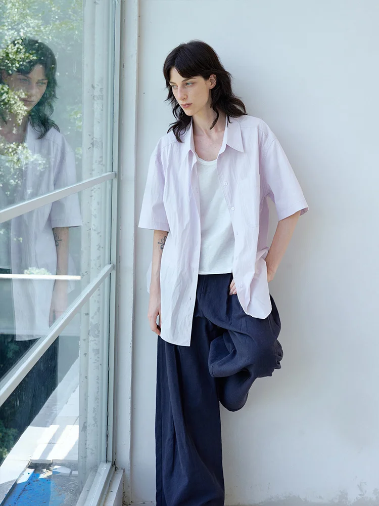 

Tuytuy Summer New Loose ort Sve irt Pastel Purple Simple Basic Versatile Women's Collar Cotton Cooling Top