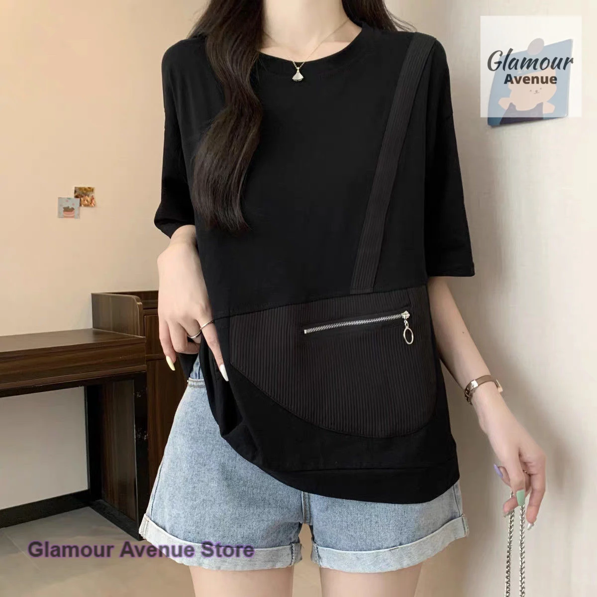 

Korean style solid color design zipper pocket short sleeve T-shirt women's summer new plus size loose slim casual Joker top.