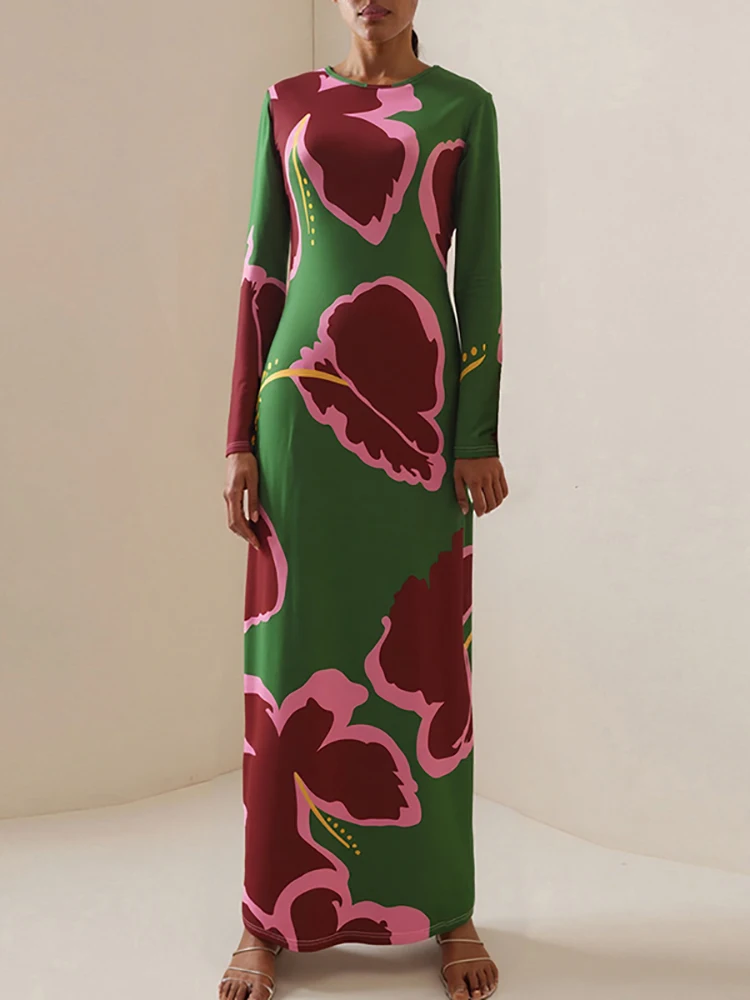 Vestido de moda con estampado Floral y cintura alta para mujer, vestido elegante con cuello redondo y manga larga, vestido largo ajustado, vestido de fiesta bohe con temperamento informal