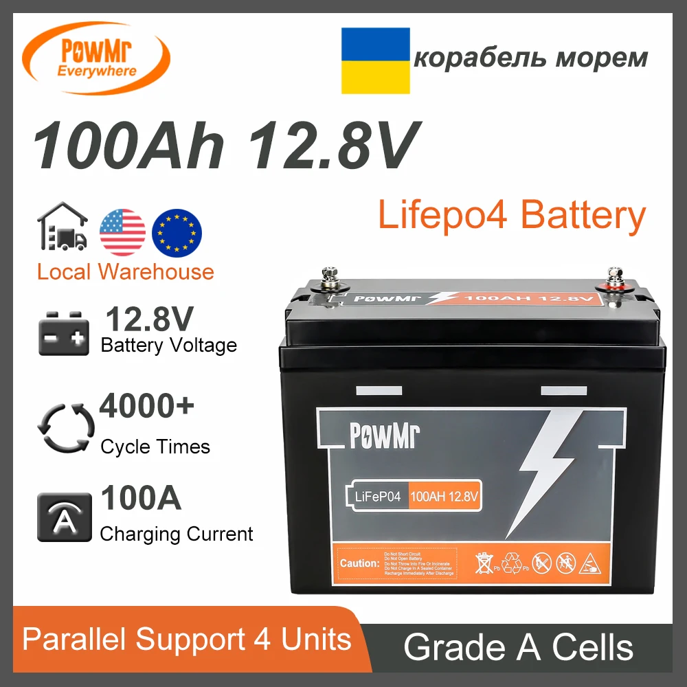 PowMr EU US Stock 2PCS 12.8V 100Ah Lifepo4 Battery Parallel Max 4 Sets in Series 6000+ Life Cycles Fit for Solar Camping RV Boat