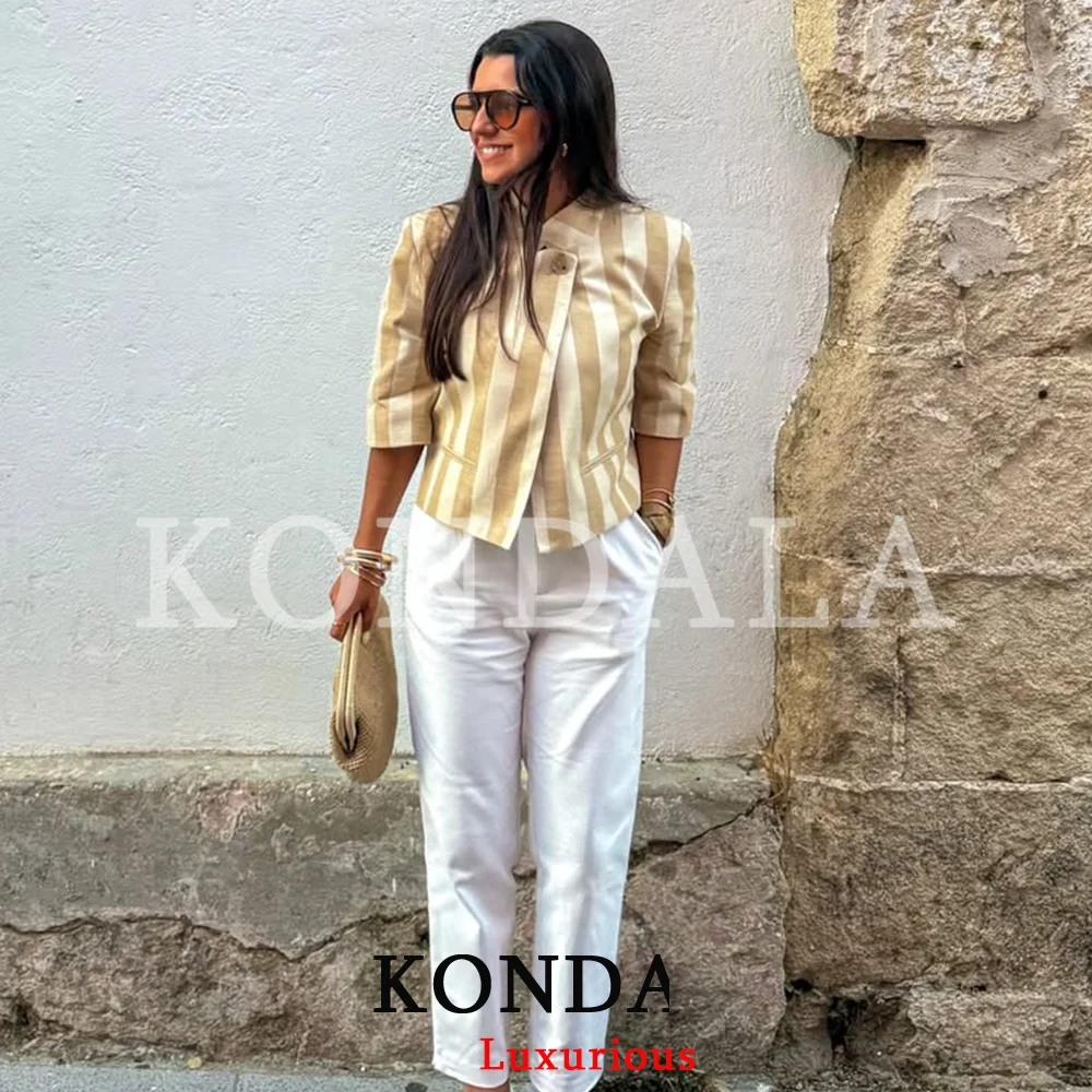 

KONDALA Office Lady Chic Women Short Blazer Striped Single Button Three Quarter Blazer New Fashion 2026 Summer Holiday Blazer