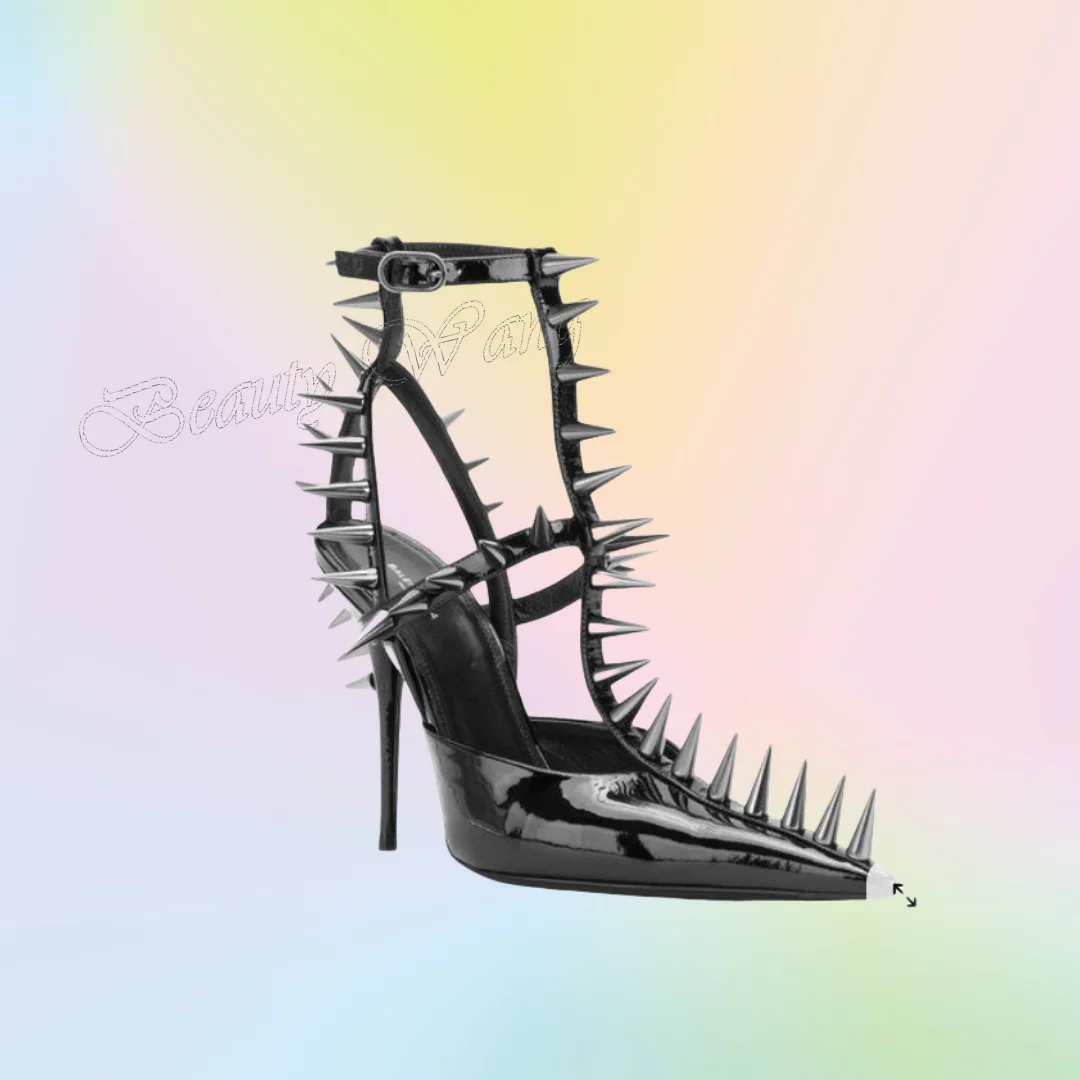

Black Rivet Decor Pumps Punk Style T Strap Pointed Toe Cover Heel Shoes Thin High Heel Shoes for Women Shoes Zapatos Para Mujere