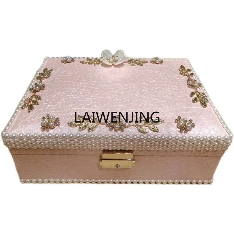 HLZ Princess Style Jewelry Box Double Layer Locked Large Capacity Three-dimensional Pearl Flower Jewelry Box