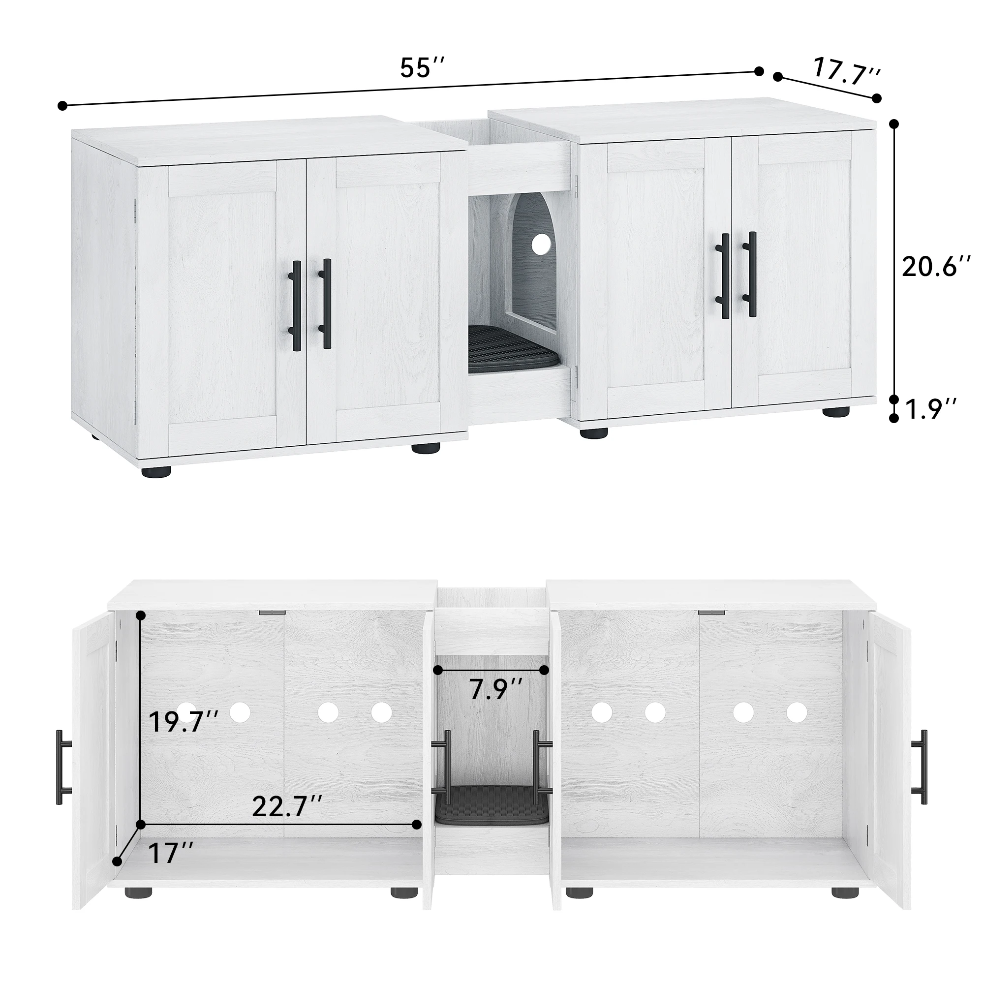 55”L x 17.7”W x 22.5”H Intimate Double-Room Cat Litter Cabinet Furniture with Cat Mat and Groove Design