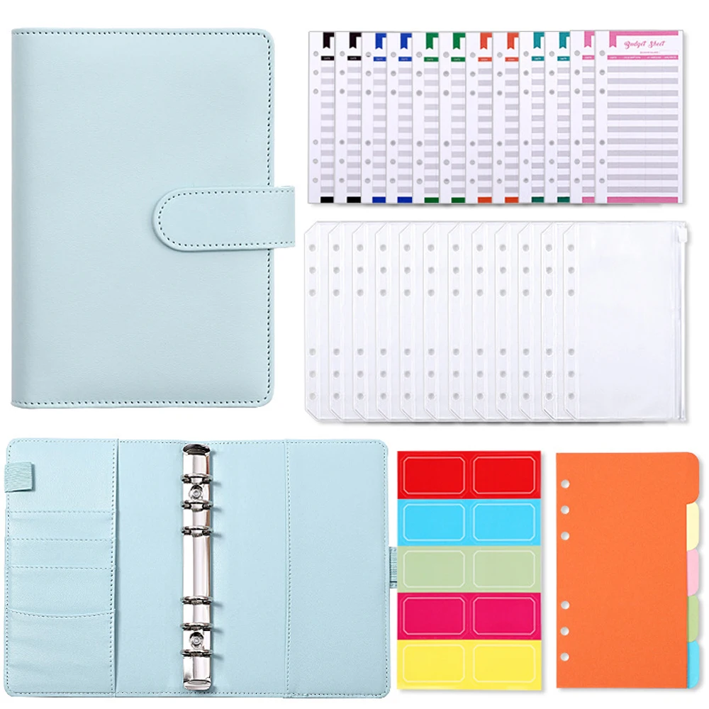 

A6 PU Leather Notebook Budget Binder Refillable 6 Ring Money Saving Loose Leaf Bag Cash EnvelopeS for Planner Personal Organizer