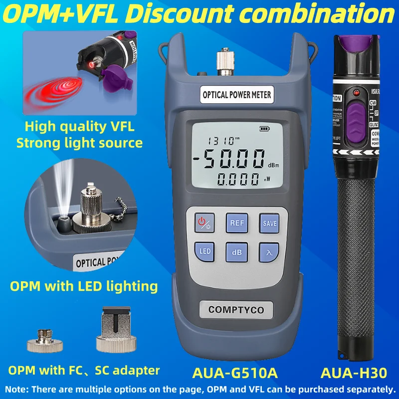 

FTTH Fiber Optic Cable Tester Tool Kit (Optional) Optical Power Meter(OPM -50~+26dBm)&Visual Fault Locator(30/1/10/20/50mw VFL)