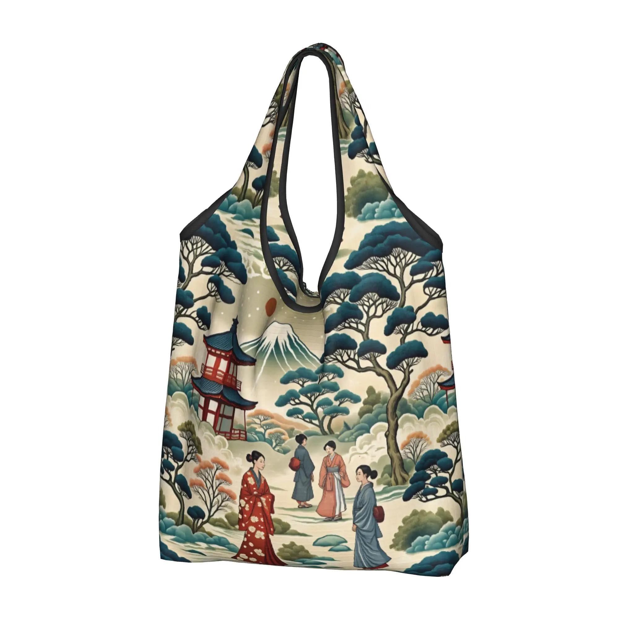 Recycling Kimono Worn Effect Japan Ukiyoe Art Shopping Bag Women Tote Bag Portable  Groceries Shopper Bags