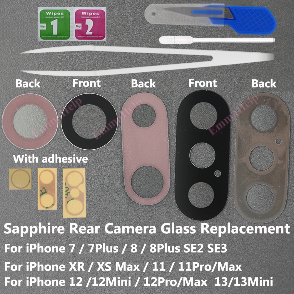 1x Оригинальное сапфировое стекло задней камеры для iPhone 13, 12 Mini, 11, XR, XS, SE, 8, 7 Plus, комплект для замены с клейкой лентой 3M и инструментами