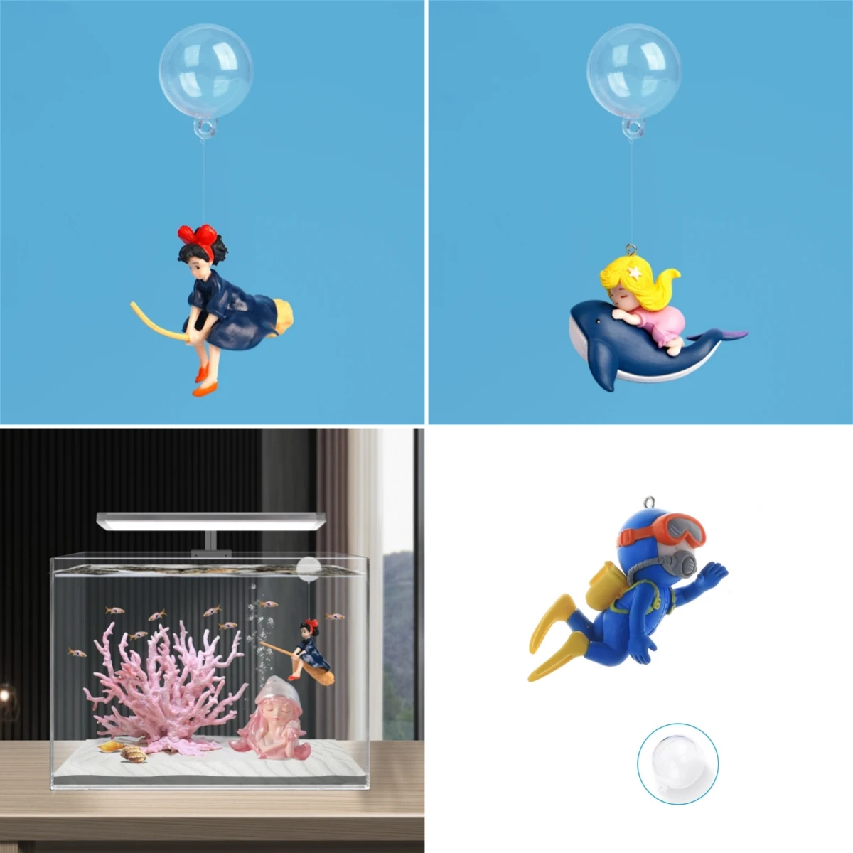 1/5 sets Cartoon Fish Tanks Decors Aquarium Landscaping Ornaments Mini Diver Simulated Floating Mermaid with 3cm Ball 50cm Lines