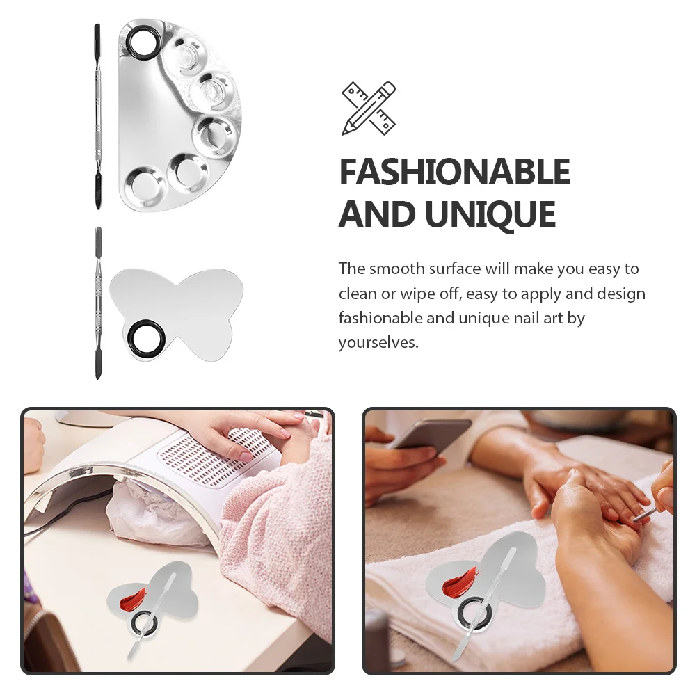 

2Sets Manicure Tool Nail Color Mixing Stainless Steel Makeup Spatulas Nail Art Mixing Plates Home