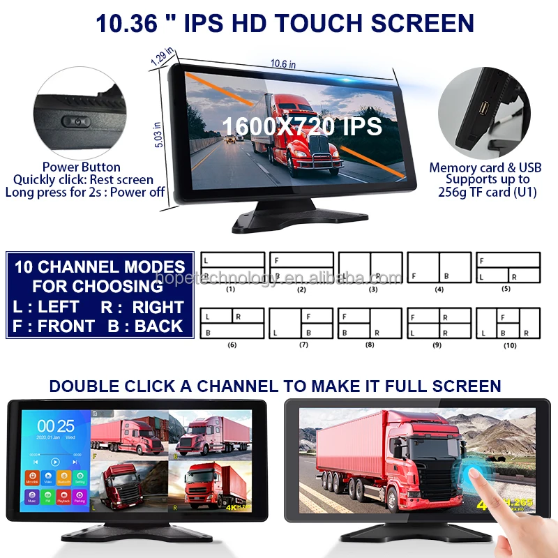 DVR 4CH Echtzeit 10,36 Zoll IPS Touchscreen MP5 CarPlayer 1080P Wasserdicht IP68 170 Grad Sternenlicht Kamera