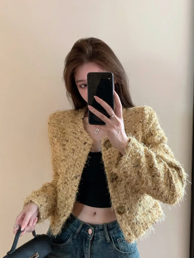 

Elegant Yellow Short Coat Women's Early Autumn Lightweight Luxury Loose Fit Jacket Tweed Top Commute Style Regular Thickness
