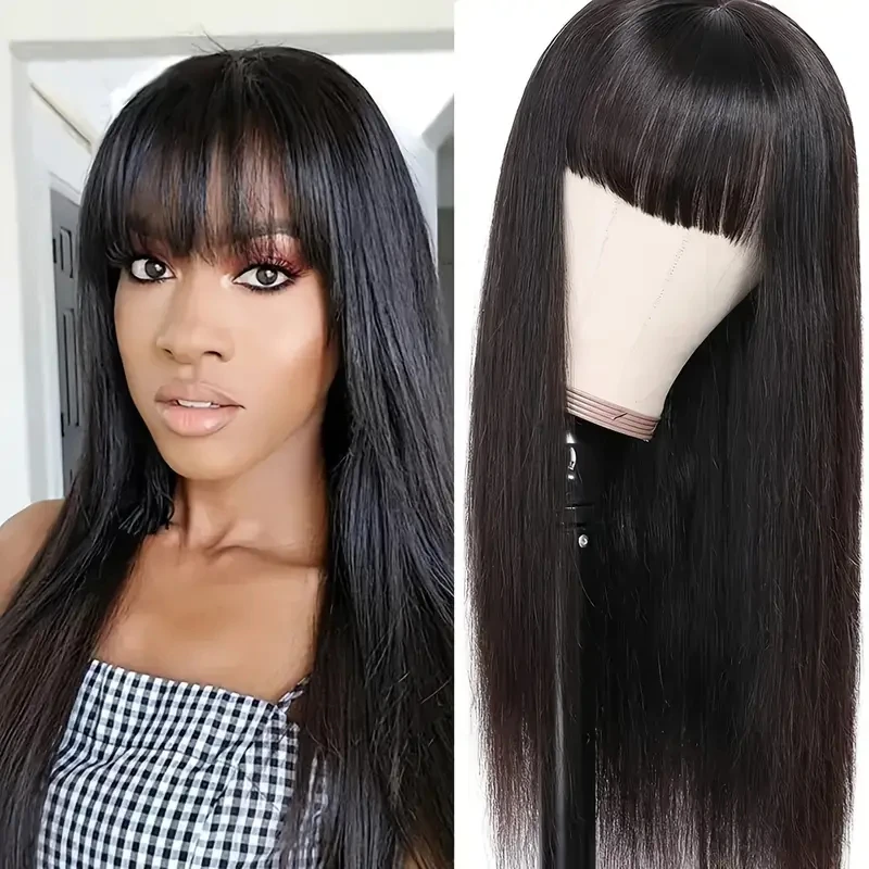 Alimice Long Straight Human Hair Wigs with Bangs Machine Made None Lace Glueless Straight Virgin Human Hair Natural Color